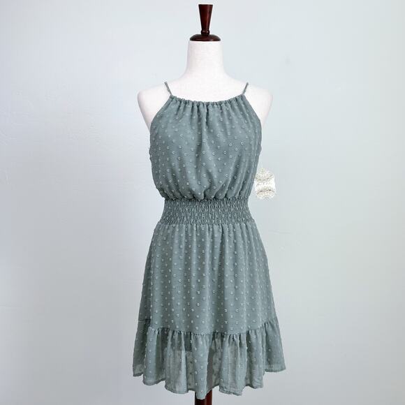 Altar'd State Dresses & Skirts - Altar'd State Green Sage Clip Dot Sleeveless Halter Mini Dress NWT